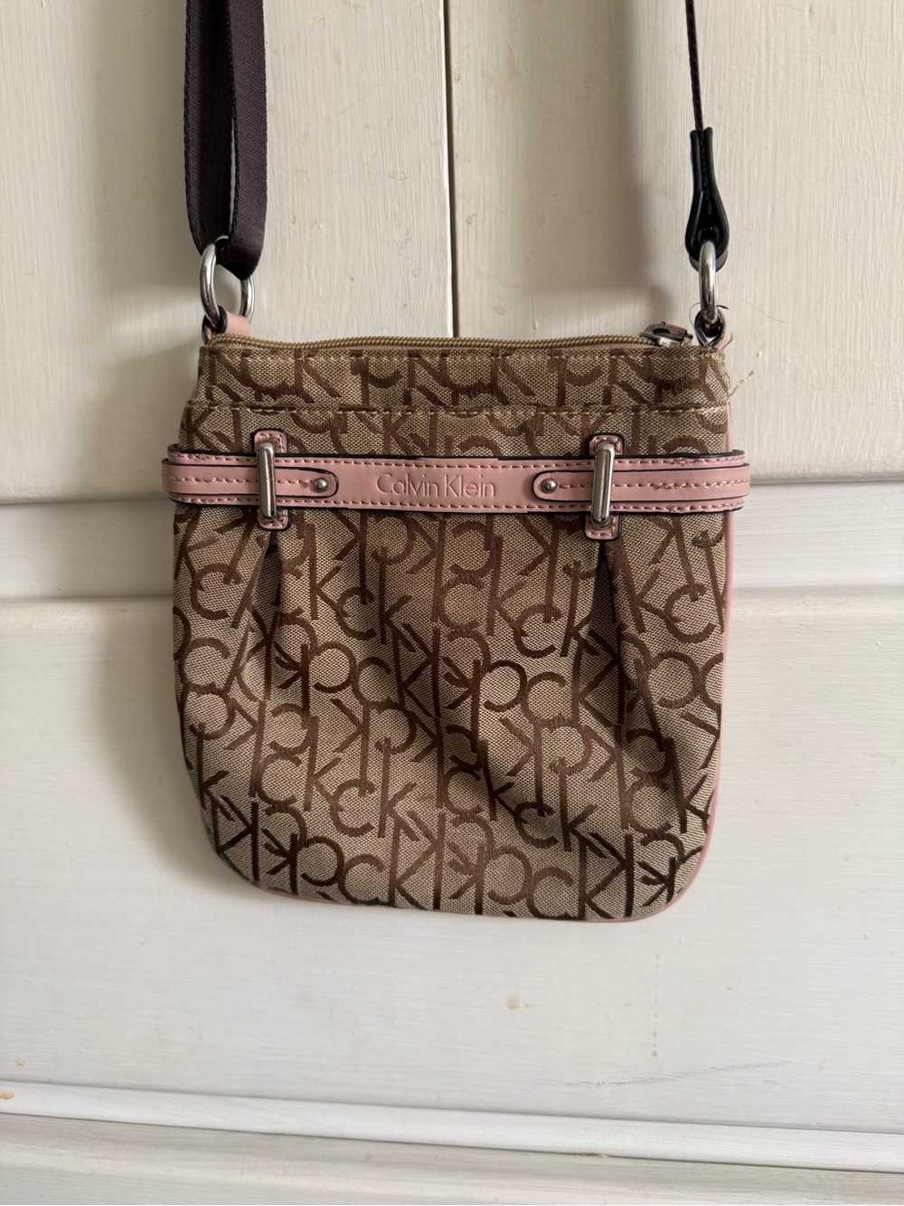 Calvin Klein Beige Crossbody with Pink Trim & Logo Monogram